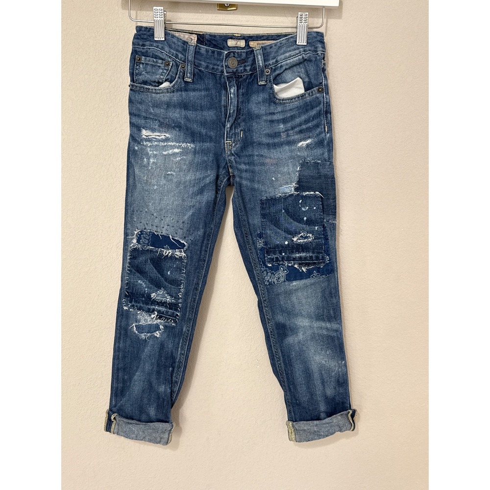 Polo Ralph Lauren Boyfriend Skinny Jeans Kids 7 Blue Distressed Patchwork Boro